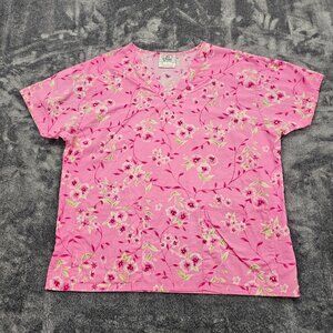 Crest Cottons Scrub Top Womens Large pink floral V Neck Pockets 100% Cotton